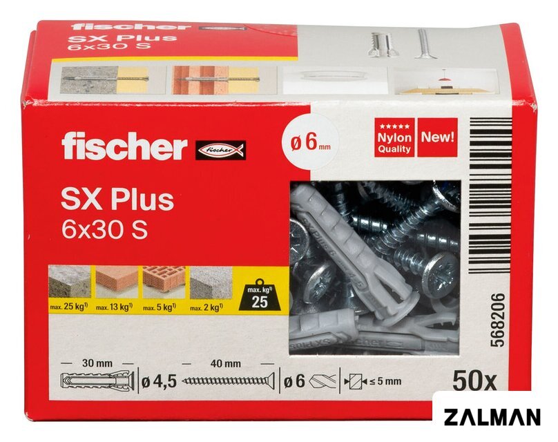 Дюбель универсальный Fischer SX Plus 6X30 S/Screw 568206 (50 шт)