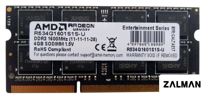 Оперативная память AMD Radeon R3 4GB DDR3 SODIMM PC3-10600 R334G1339S1S-U