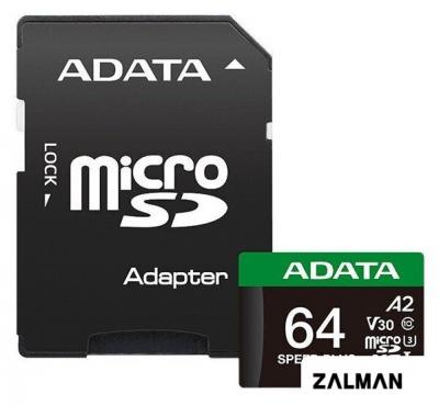 Карта памяти ADATA SPEED PLUS microSDXC 64GB UD64GUI3V30A2SP-RA1 (с адаптером)